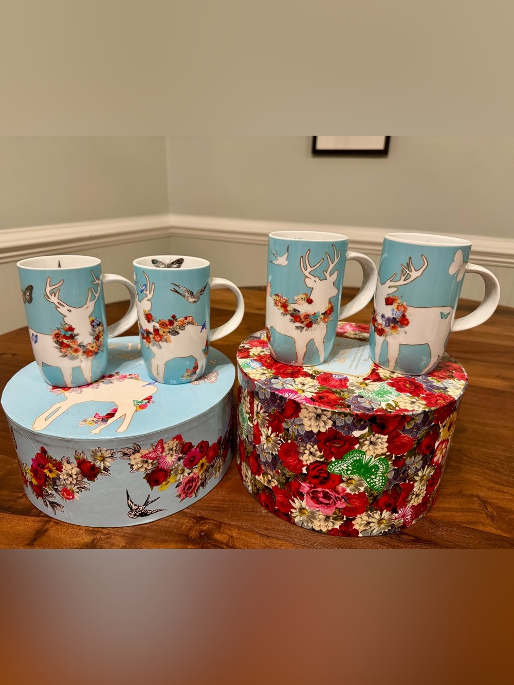 Walk in the Woods Rosanna 4 Teacup Mug Set In Box Floral Deer Nature Retired NIB